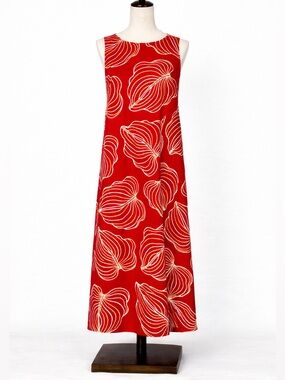 Handmade red leaf print boxy modern dress. Thick fabric holds shape, easy- L
